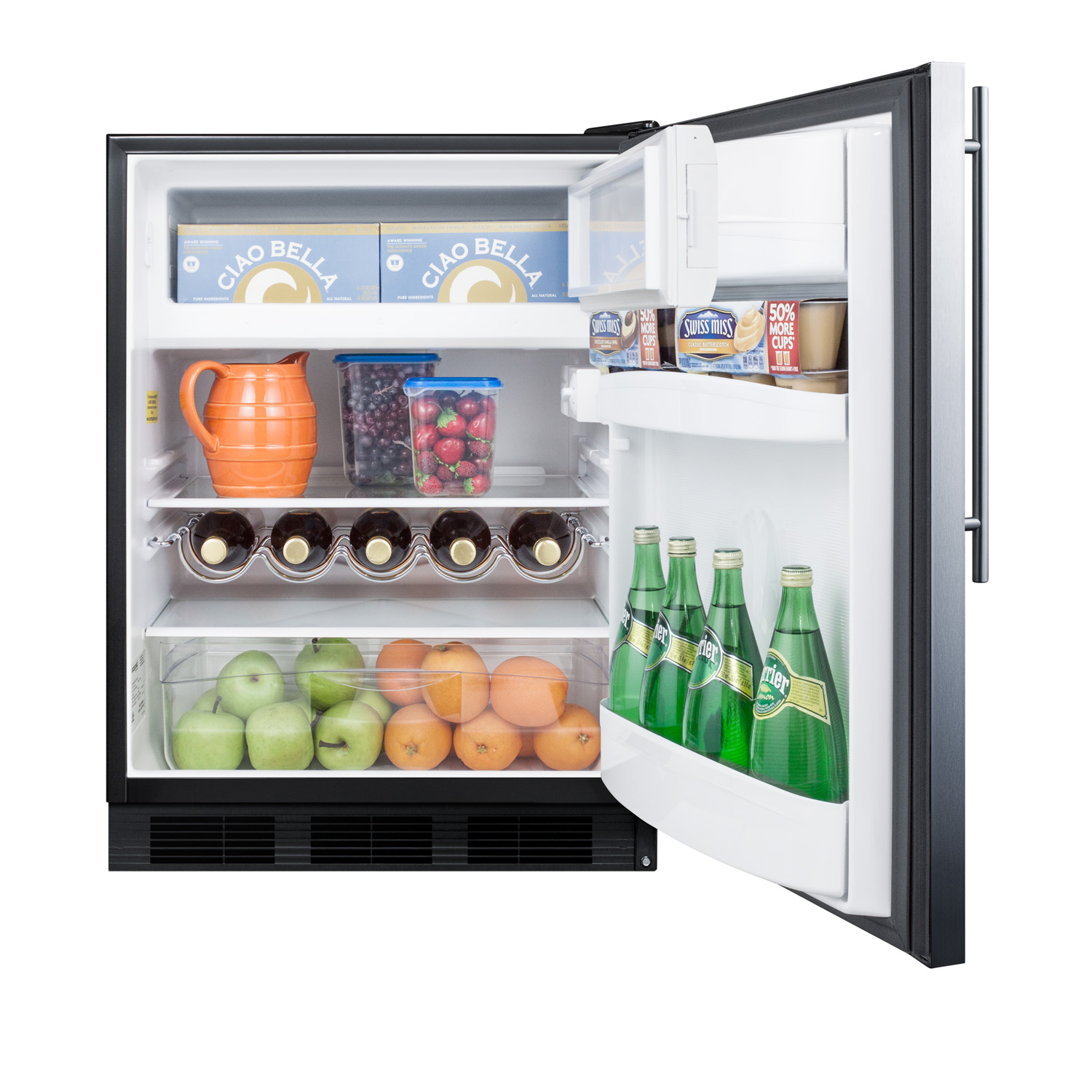 Built-in undercounter refrigerator-freezer for residential use, cycle defrost w/deluxe interior, stainless steel wrapped door, thin handle, and black cabinet